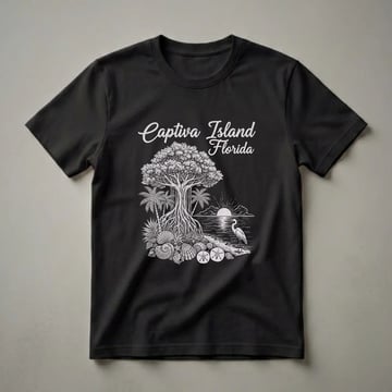 Black t-shirt with a white graphic design of Captiva Island, Florida, featuring a banyan tree, palm trees, seashells, sand dollars, a heron, and a sunset over the ocean.