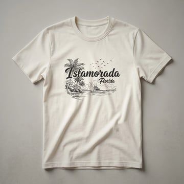 Black sketch artwork on a t-shirt depicting the text Islamorada Florida, palm trees, a sailboat on the water, and birds in the sky.