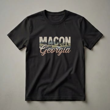 Black graphic t-shirt featuring the word 'MACON' in large, distressed block letters above the word 'Georgia' in a retro script, overlaid on a vintage landscape scene with rolling hills, trees, and a river.