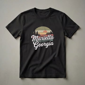 Black t-shirt with a retro graphic design featuring a sunset over pine trees and the words 'Marietta Georgia' in distressed white script.