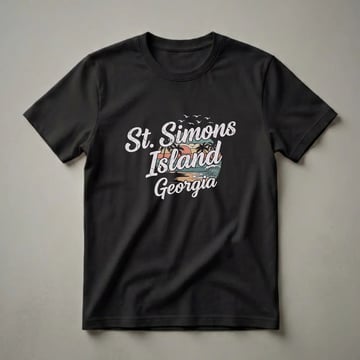 Black t-shirt featuring a retro graphic design for St. Simons Island, Georgia, with a beach sunset, palm trees, waves, and seagulls.