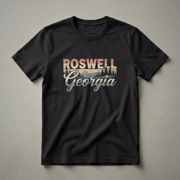 Black t-shirt with a retro graphic design featuring the words "Roswell Georgia" over a vintage sunset landscape with mountains and pine trees.