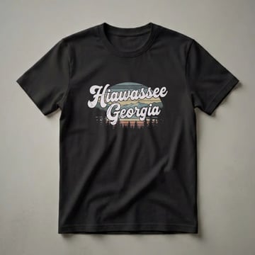 Black t-shirt with a retro graphic design featuring 'Hiawassee Georgia' in white script over a stylized sunset with mountains and pine trees.