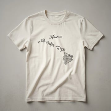 Outline map of the Hawaiian islands filled with drawings of volcanoes, palm trees, waves, and hibiscus flowers, on a black t-shirt.