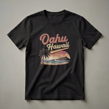 Black t-shirt with a retro graphic design featuring the words 'Oahu Hawaii' in vintage lettering, a palm tree, surfboard, ocean wave, and mountains at sunset.
