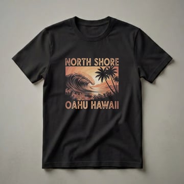 Black t-shirt with a retro graphic design of a large ocean wave crashing, palm trees, and coral in sunset colors, with 'NORTH SHORE OAHU HAWAII' text.