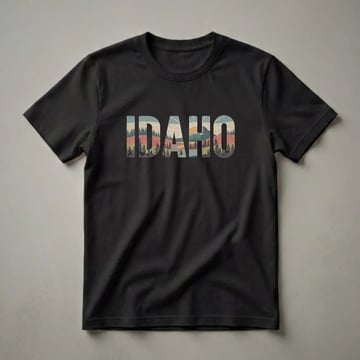 Black t-shirt with the word IDAHO in large retro font, filled with a vintage nature scene of mountains, pine trees, and a river under a sunburst.