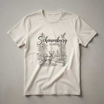 Black t-shirt with a sketch art design featuring the word Schaumburg above "ILLINOIS", a deer in a forest with trees and flowers, and an eagle in the sky.
