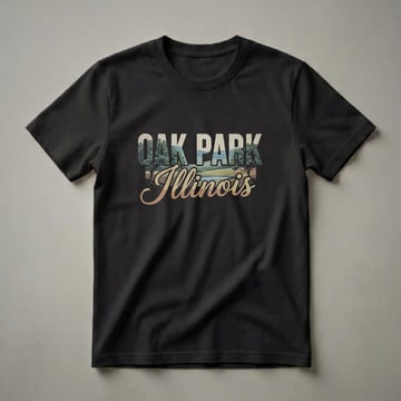 Black graphic t-shirt featuring the words 'OAK PARK' in large textured letters overlaying a retro landscape scene with hills, water, and trees, and 'Illinois' in script below.