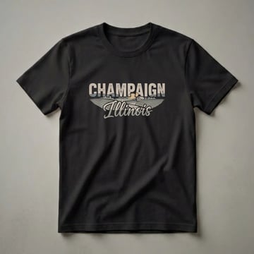 Black t-shirt featuring a retro graphic design for Champaign, Illinois, with bold text, a farm landscape, barn, and setting sun.