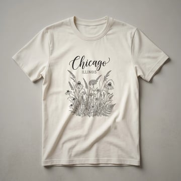 Black t-shirt with a line art sketch of Chicago, Illinois, featuring wildflowers, grasses, and ferns.