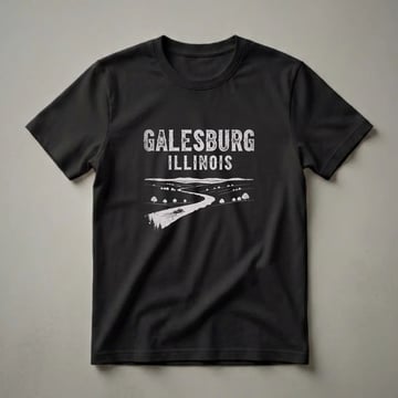 Black t-shirt with vintage white graphic of 'GALESBURG ILLINOIS' text above a landscape with a winding river, a boat, and rolling hills with trees.