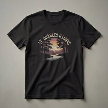 Black t-shirt with a retro graphic of St. Charles, Illinois, featuring a sunset over a river with silhouetted trees and foliage.