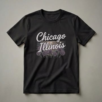 Black t-shirt with "Chicago Illinois" in retro script font over a sunset graphic, with a field of purple allium flowers below.