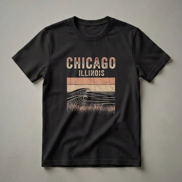 Black t-shirt with a retro graphic design featuring the words CHICAGO ILLINOIS above stylized waves and grass in beige and rust colors.