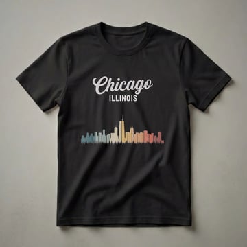 Black t-shirt featuring a retro Chicago Illinois skyline graphic with a vintage color palette and distressed text.