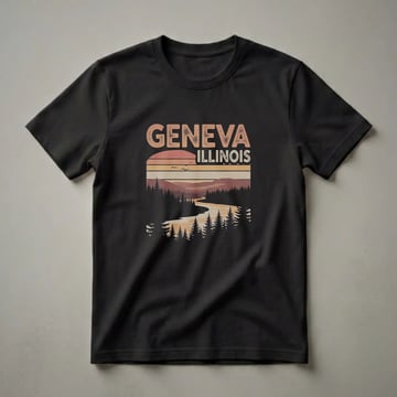 Black t-shirt with a retro graphic design featuring the words GENEVA ILLINOIS above a sunset, river, and pine forest.