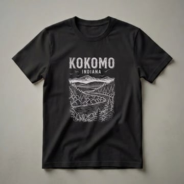 Black t-shirt with a vintage line drawing featuring the words KOKOMO INDIANA above a winding road through a forest with mountains in the background and birds in the sky.