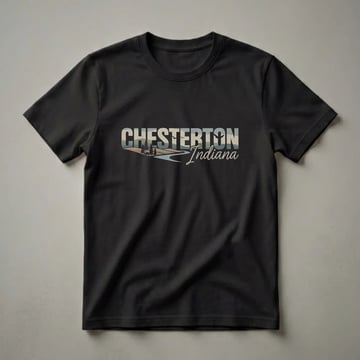 Graphic t-shirt featuring the word CHESTERTON in large retro letters filled with a landscape of rolling hills, a river, pine trees, and a deer silhouette, with Indiana written below.