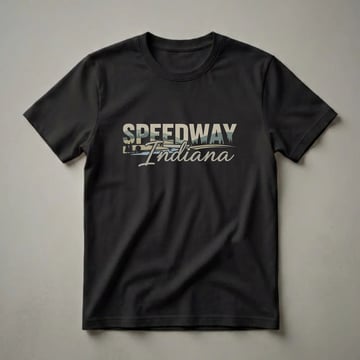 Black t-shirt featuring the words "SPEEDWAY Indiana" in a retro graphic style, with an embedded landscape of hills, trees, and a river.