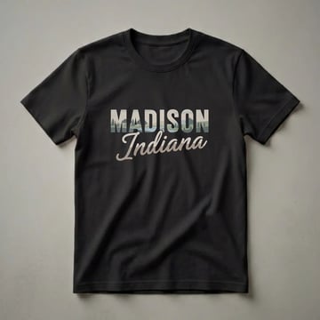 Black t-shirt with "MADISON Indiana" graphic design featuring a retro landscape with hills, trees, and a river inside the letters.