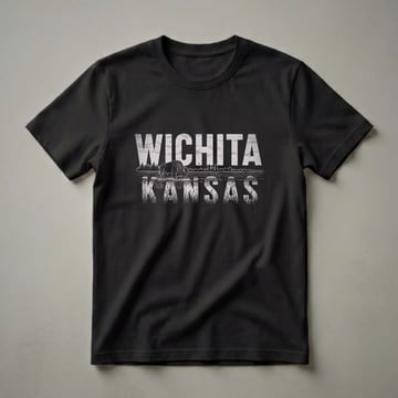 Black t-shirt with a vintage graphic design that reads 'WICHITA KANSAS' in distressed white letters, featuring a bison in tall grass and a city skyline in the background.