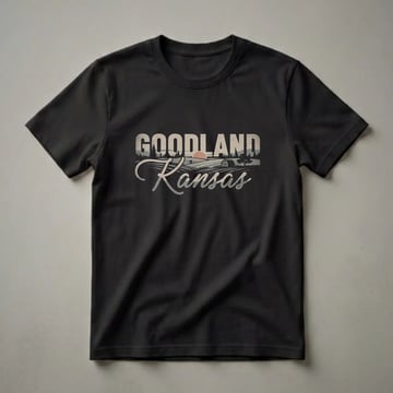 Black t-shirt with a retro graphic design of Goodland, Kansas, featuring large distressed text, a sunset over rolling fields, a barn, and trees.