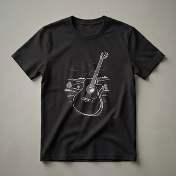 Black t-shirt with a white line drawing of an acoustic guitar in front of a sketched landscape featuring rolling hills, trees, clouds, and birds.