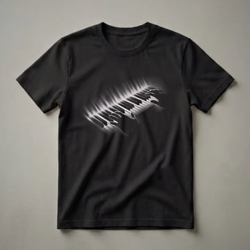 Black t-shirt with a stippled illustration of hands playing a piano keyboard in white and light pink tones, set against a dark background.