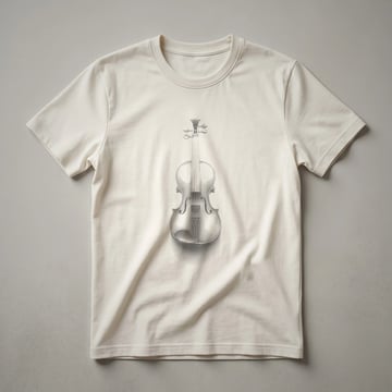 Black t-shirt with a white line art sketch of a violin, showcasing its body, neck, and scroll.