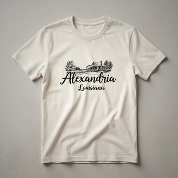 Black graphic t-shirt with a sketch art design of a cabin surrounded by trees, with 'Alexandria Louisiana' written in script below.