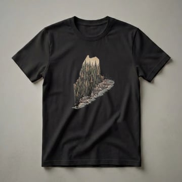 Black t-shirt featuring a retro graphic of the state of Maine filled with a dense evergreen forest and a rocky coastline with waves.