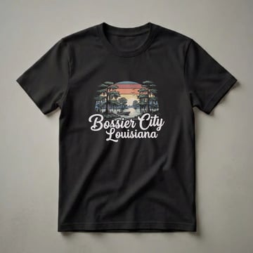 Black t-shirt featuring a retro graphic design of a Bossier City, Louisiana swamp sunset with cypress trees, Spanish moss, a fishing boat, and a vintage color palette.