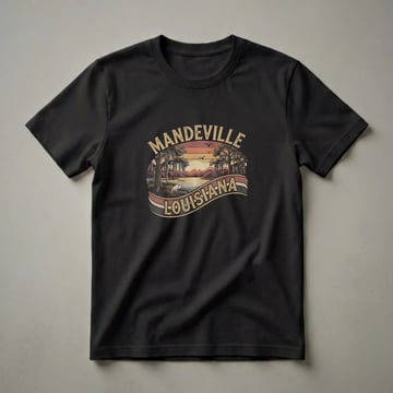 Black t-shirt featuring a retro graphic design of Mandeville, Louisiana at sunset, with oak trees, Spanish moss, a lake, and an egret.
