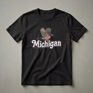 Black t-shirt featuring a retro graphic of an American Robin in flight above the word 'Michigan' in a distressed, vintage font.