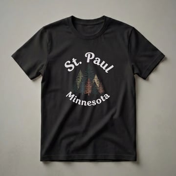 Black t-shirt with a retro graphic design featuring "St. Paul Minnesota" in distressed white lettering and a cluster of multi-colored pine trees in the center.