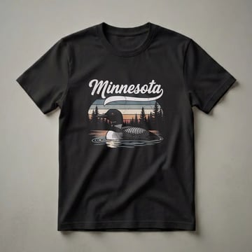 Black t-shirt with a retro graphic featuring a loon swimming in water, silhouetted pine trees, and a vintage sunset with horizontal stripes, with the word Minnesota in script font above.