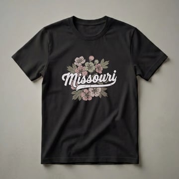 Black t-shirt featuring the word 'Missouri' in a distressed retro font, surrounded by stylized pink and green flowers and leaves.