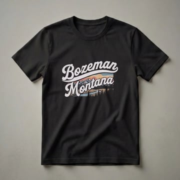 Black t-shirt with a retro graphic design that reads 'Bozeman Montana' over a landscape of mountains, a river, and pine trees during a colorful sunset.