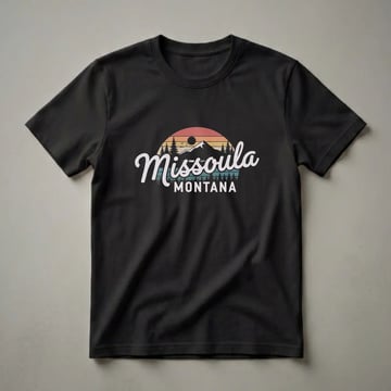 Black t-shirt with a retro graphic design of Missoula, Montana, featuring a sunset, mountains, pine trees, and the text 'Missoula MONTANA'.