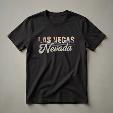 Black t-shirt featuring a retro graphic of Las Vegas, Nevada, with saguaro cacti, mountains, and a desert sunset in muted colors.
