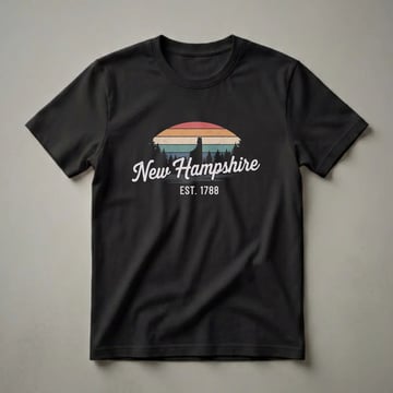 Black t-shirt with a retro graphic of the New Hampshire state outline against a multi-colored sunset and pine trees, with "New Hampshire EST. 1788" text.