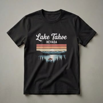 Black t-shirt featuring a retro graphic design of Lake Tahoe, Nevada, with a sunset, mountains, pine trees, and a boat on the water.