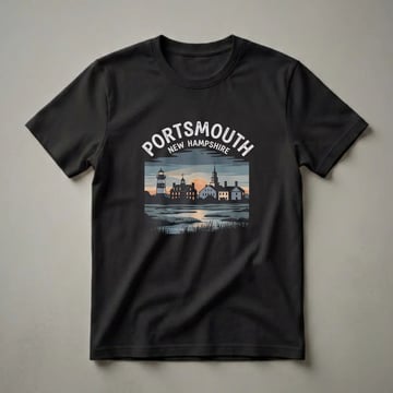 Black graphic t-shirt featuring a retro sunset scene of Portsmouth, New Hampshire, with a lighthouse and historic buildings.