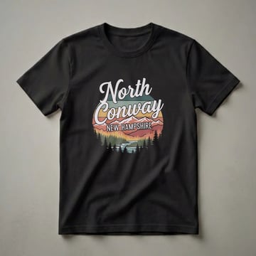 Black t-shirt with a retro graphic design of North Conway, New Hampshire, featuring mountains, a river, and pine trees in vintage colors.