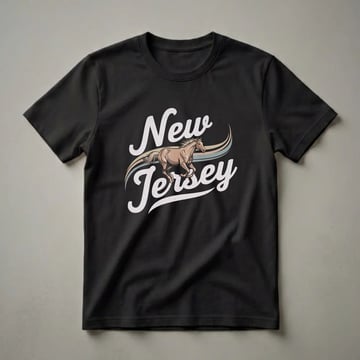 Black t-shirt with a retro graphic design featuring a running horse and the words 'New Jersey' in a vintage font with wavy lines.