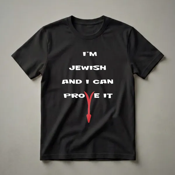 Black t-shirt with white text that reads 'I'M JEWISH AND I CAN PROVE IT' and a red graphic element below.