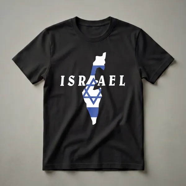 Black t-shirt featuring a white outline of Israel filled with the blue and white stripes and Star of David of the Israeli flag, with the word ISRAEL in white text above.