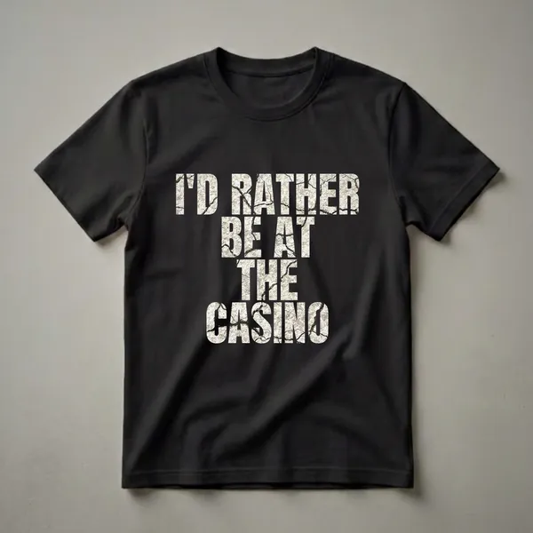 Black t-shirt with bold white cracked text that reads 'I'd Rather Be At The Casino', a clear statement for gamblers.