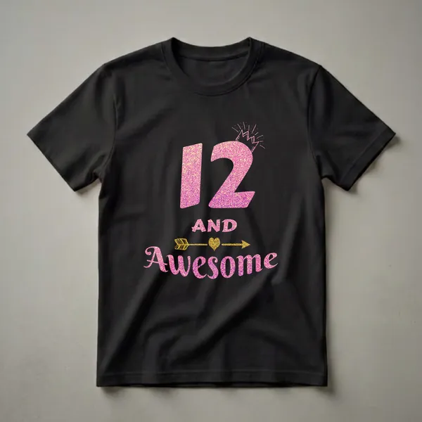 Black t-shirt with a glittery pink '12' and 'AND Fabulous' text, a glittery crown, and a golden arrow through a heart.
